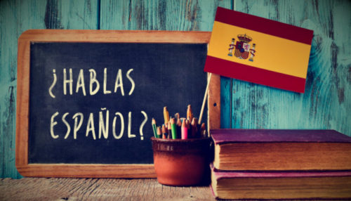 Learn Spanish chalkboard with hablas espanol written