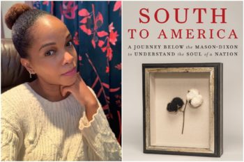 Two photos, one of Imani Perry, a black author wearing an earring and a white sweater, and the other the cover of her book South to America.