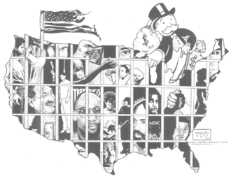 Map of the United States showing people behind bars and the Monopoly man representing capitalism. The map represents police budget debates.