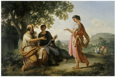 A depiction of Socrates, a disciple, and Diotema, three characters from Plato's Symposium.