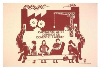 Imagine has a group of factory workers entering the factory after being tended by women acting as doctors and healers. A caption reads 'Capitalism also depends on domestic labor.' The image represents social reproduction theory.