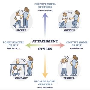 A visual depiction of attachment theory and four attachment styles, namely secure, anxious, avoidance, and fearful.