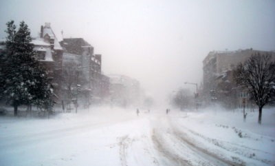An image of Massachusetts Avenue in blizzard conditions.