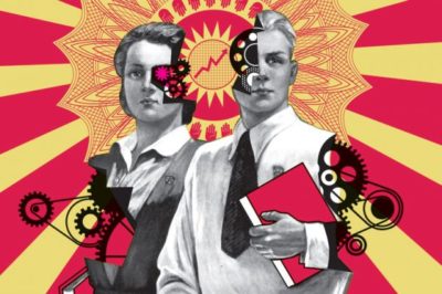 An artistic image depicting Soviet managerialism, with red and yellow rays and a man and woman staring at the screen.