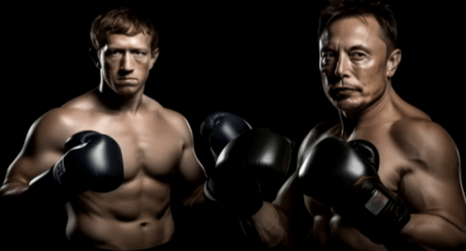 A photoshopped image of Mark Zuckerberg and Elon Musk without shirts and wearing boxing gloves.