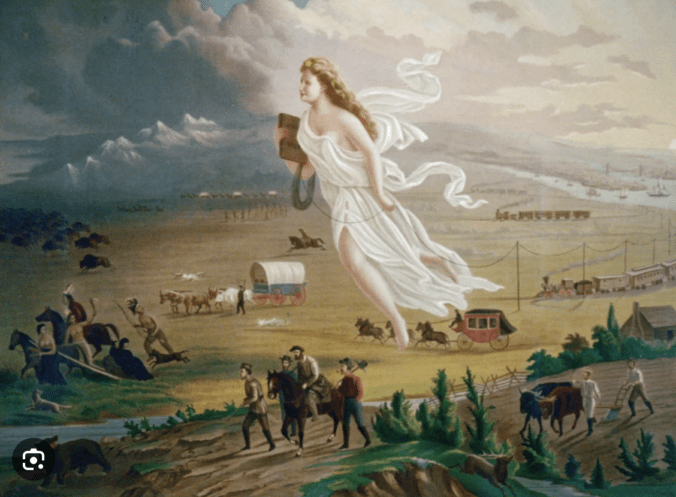 The painting American Progress by John Gast, which depicts an angelic figuring rising from the American countryside.