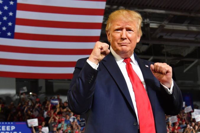 A photo of Donald Trump holding up his fists in front of an American flag.