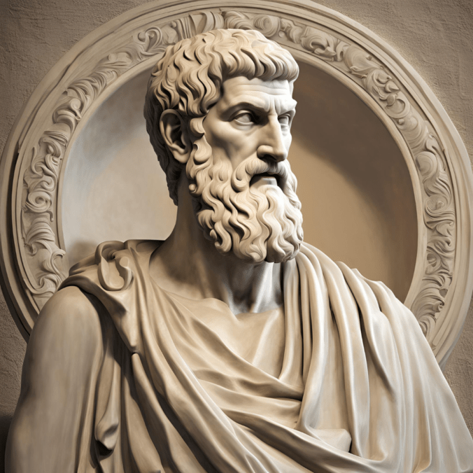 A photo of a bust of Greek philosopher Epicurus.