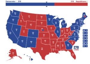 2024 electoral college prediction showing Harris winning over Trump 319-219.