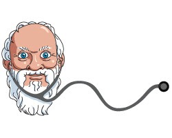 A cartoon image of the philosopher Socrates with a stethoscope.