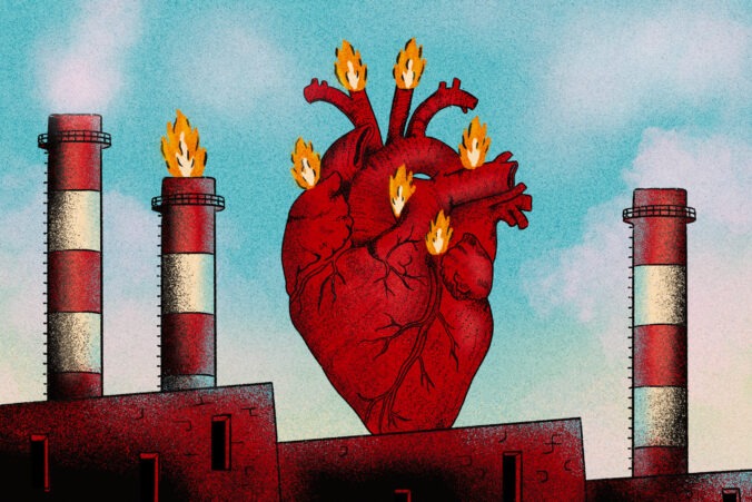 An image inspired by the book The Spoiled Heart by Sunjeev Sahota. It depicts a flaming heart next to flaming smokestacks. Intended as a cover photo for the January Reading List 2025 post.