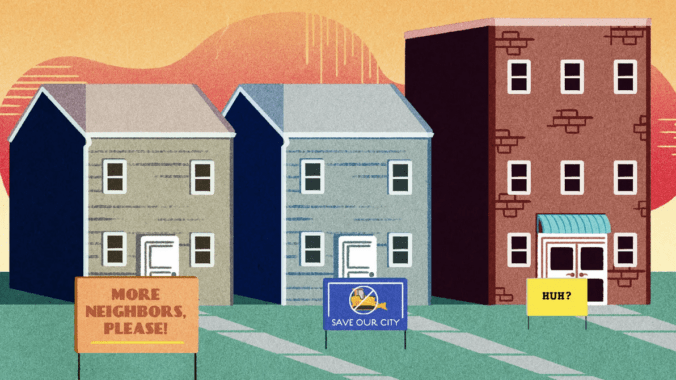 An artistic depiction of three homes - one displaying a NIMBY sign, one displaying a YIMBY sign, and one apartment building.