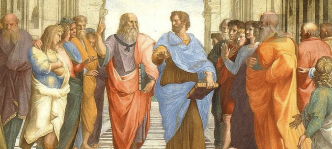 A selection from Raphael's painting The School of Athens focusing on Plato and Aristotle.