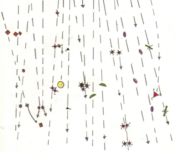 An artistic depiction of atoms falling in the void, intended as a depiction of Epicurean atomic scientific theory.