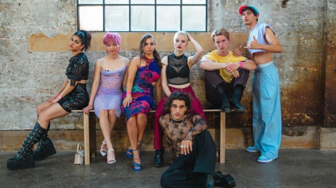 A photo of 7 Gen Z teenagers wearing loud fashion.