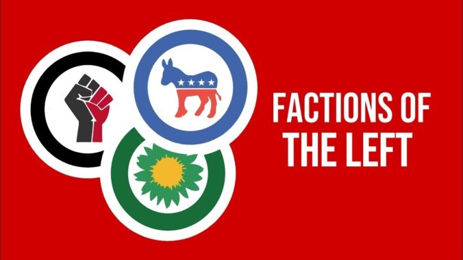 A depiction of three logos with 'factions of the left' written to the right.