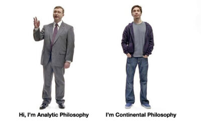 A man dressed formally in a suit with "Hi, I'm Analytic Philosophy" written under him, standing next to a man dressed informally with "I'm Continental Philosophy" written under him, intended to represent a review of the book A Social History of Analytic Philosophy.