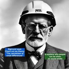 A photo of Sigmund Freud wearing a hat, intended as a representation of the local politics of small differences and his views on the narcissism of small differences.