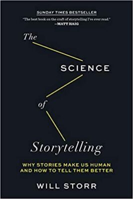 The cover of Will Storr The Science of Storytelling, which depicts the title against a black background connected by diagonal yellow lines.