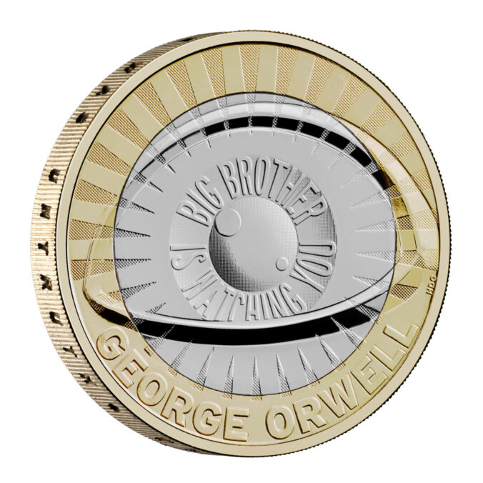 An image of a coin that says George Orwell at the bottom and Big Brother is Watching You in the center.
