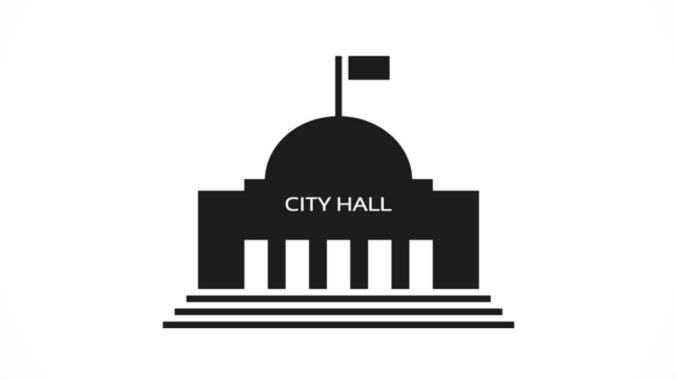 An artistic silhouette of a city hall building with city hall written on the front and a flag on top.
