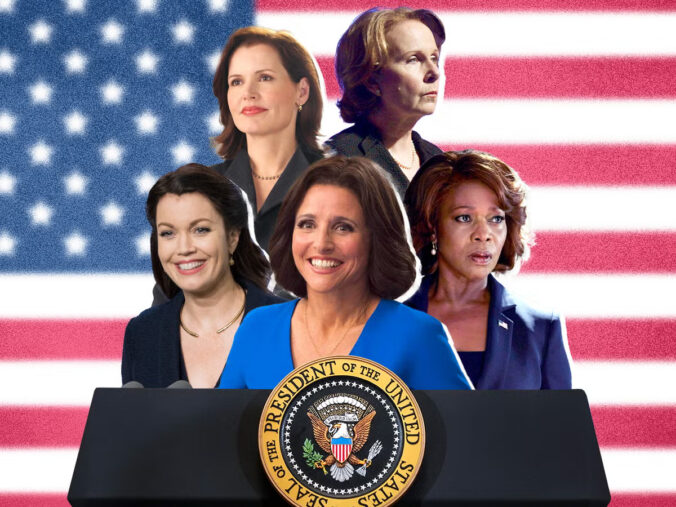 A photo of a podium with a U.S. presidential seal, with five women of various races standing behind the podium.