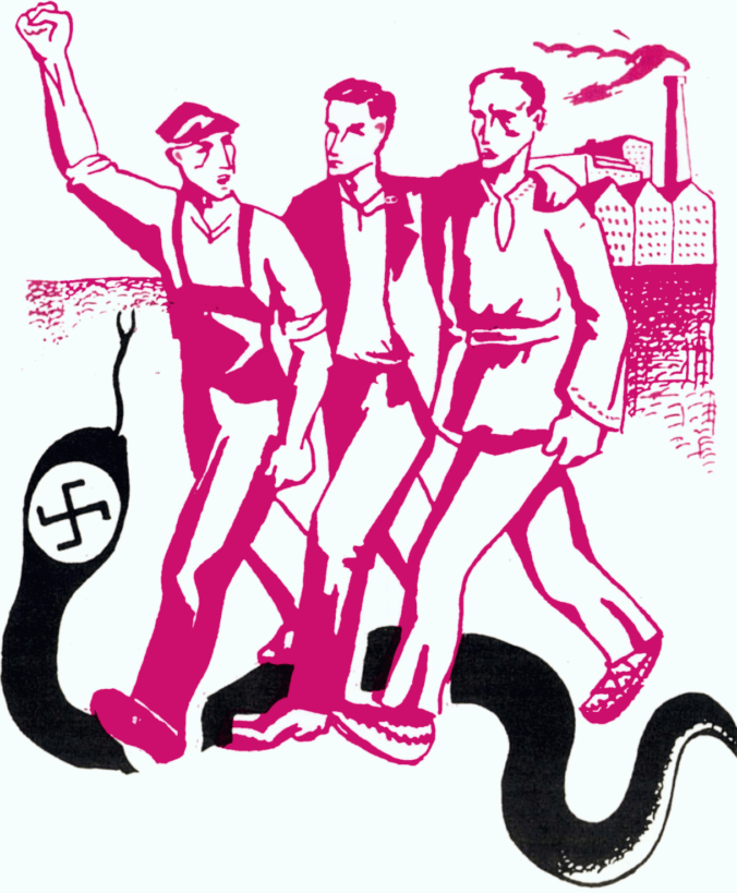 A Popular Front cartoon that shows three workers stepping on a large snake with a Nazi swastika on it.