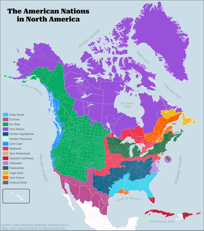 A map of North America with Colin Woodard's American Nations colored into it.