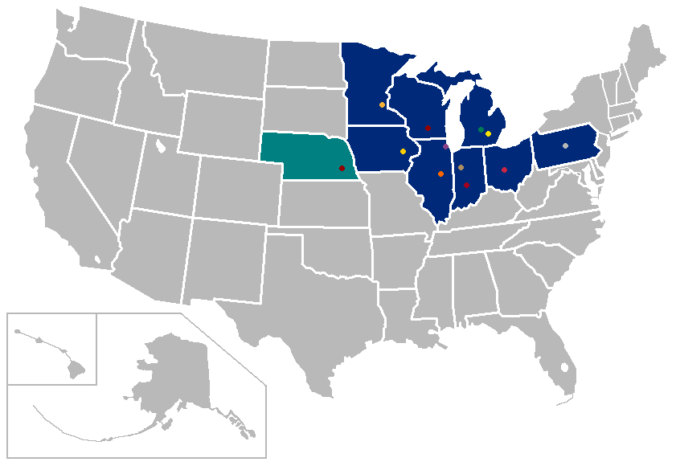 This is a map of all 50 states of the United States with traditional Big 10 college towns and their states highlighted in blue (Minnesota, Iowa, Wisconsin, Illinois, Michigan, Indiana, Ohio, Pennsylvania) or green (Nebraska).
