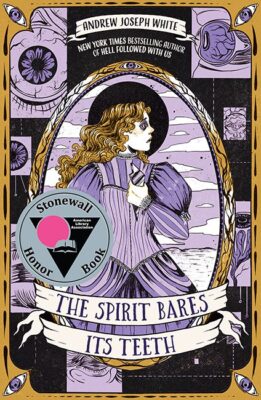 The cover of the book The Spirit Bares Its Teeth, by Andrew Joseph White. It is a colorful cover, dominated by black and purple and depicting a distraught trans boy teenager with long, flowing blonde hair.