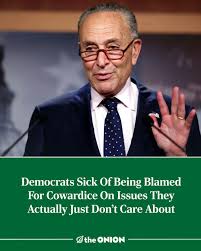 A photo of Chuck Schumer with the caption 'Democrats Sick of Being Blamed For Cowardice On Issues They Actually Just Don't Care About.'
