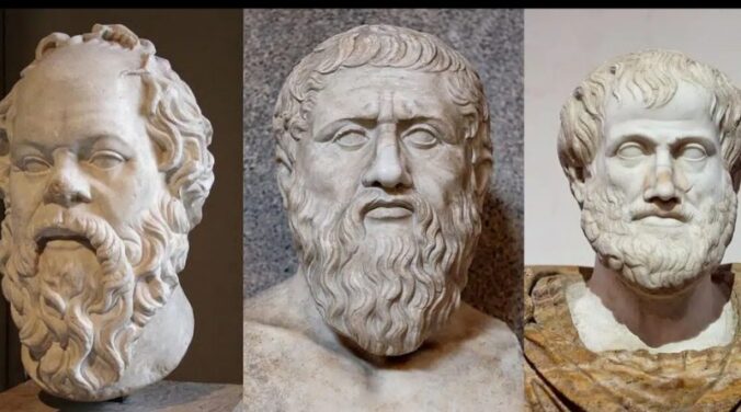 A photo of three ancient busts of philosophers, including Socrates.