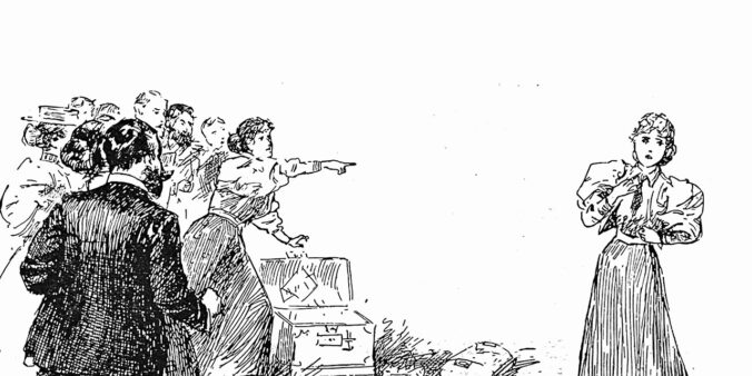 An artistic depiction of a crowd singling out a woman for moral condemnation. Everyone is wearing 18th century clothing, and it's intended to depict the privilege argument in this blog post.