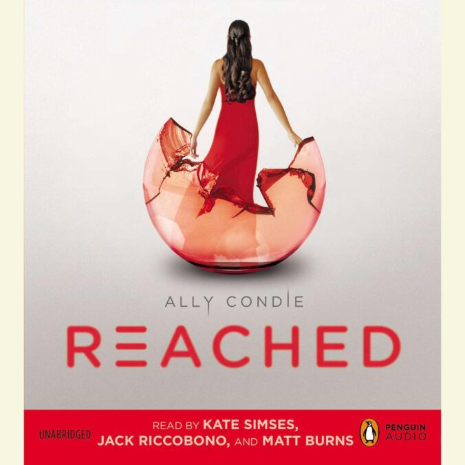 The cover of the book Rached by Ally Condie. The cover depicts a young woman in a red dress facing away and breaking out a glass shell.