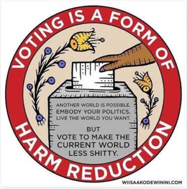 An artistic depiction of a person dropping a ballot into a box with leftist sounding text and the label Voting is a Form of Harm Reduction.