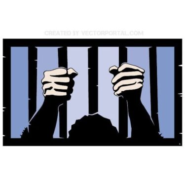 This is an artistic drawing of a person in jail. The person's hands and the top of their head are visible, but in shadows. And there are bars across the front that are blacked out.